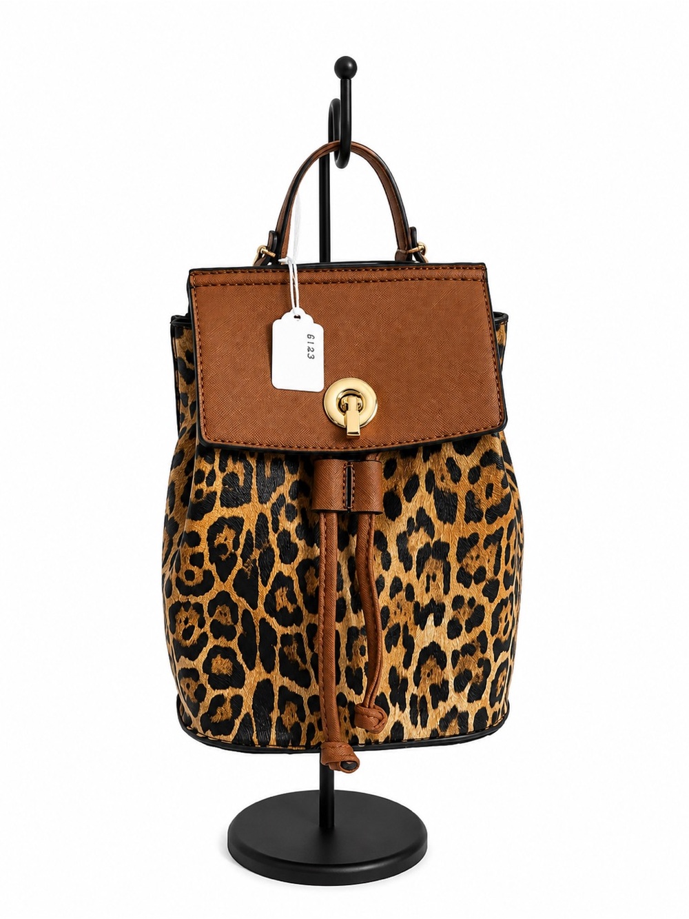 Leopard Print Drawstring Backpack with Brown Leather Flap